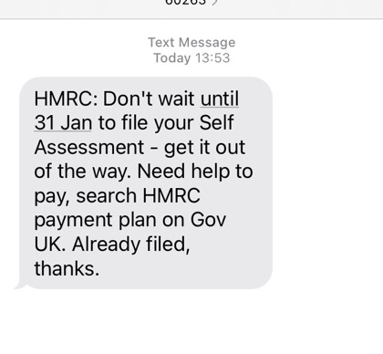 Reminder to do your taxes sent by HMRC by text; Photo: Matt Salusbury