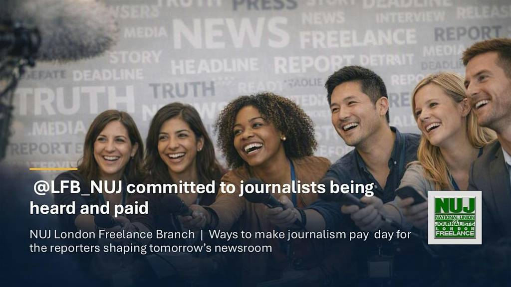 Event banner: @NUJ_LFB committed to journalists being heard and paid; Ways to make journalism pay day forthe reporters shaping tomorrow's newsroom
