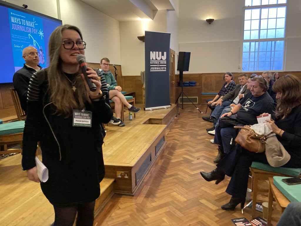 Chair Pennie Quinton (left) introduces the panel on investigative journalism at the Ways to make journalism pay event