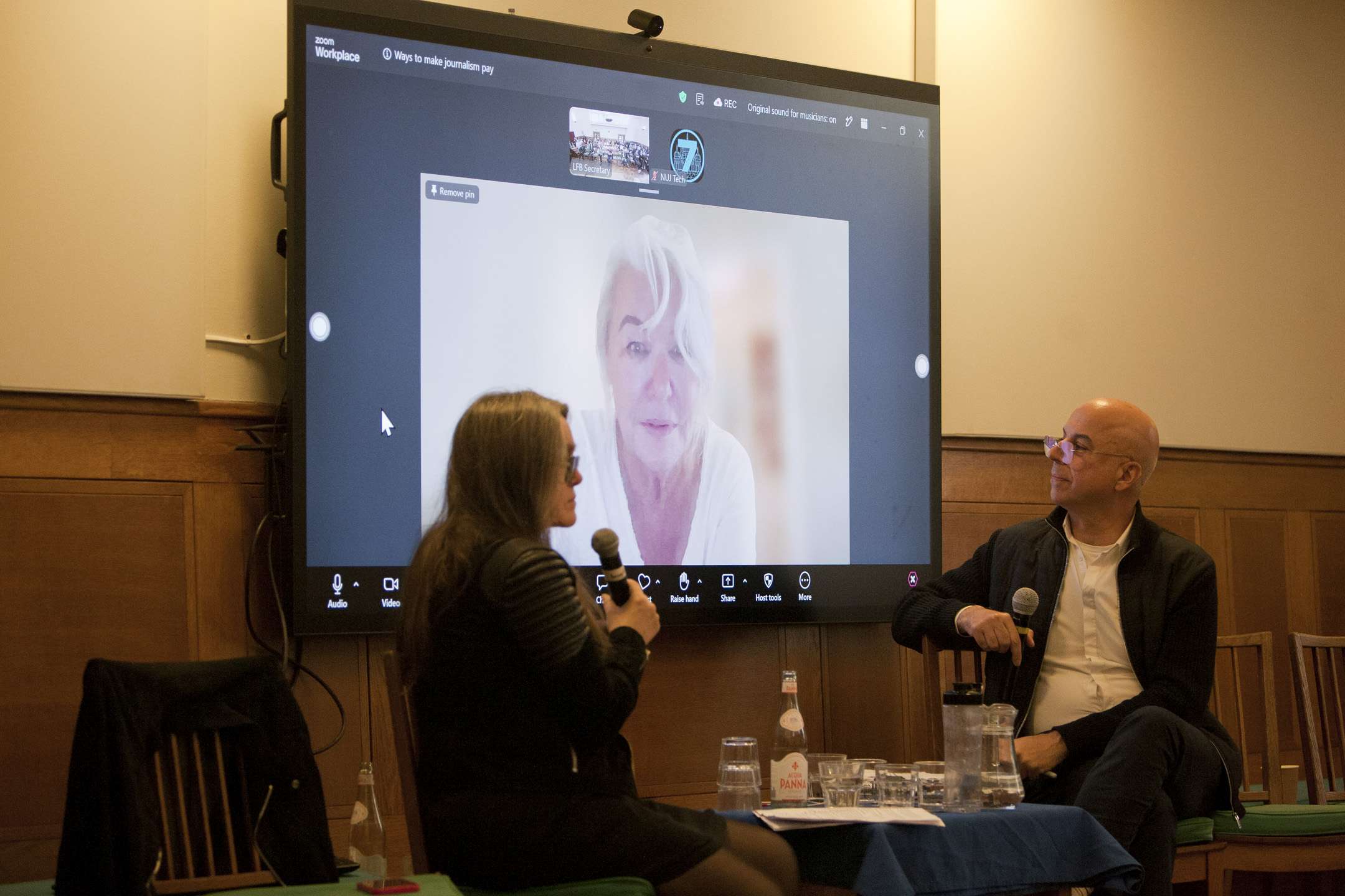 Pennie Quinton, Alex Crawford OBE on screen and Giovanni Ulleri