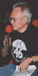 Phil Sutcliffe's T-shirt reads 'Share, don't steal'