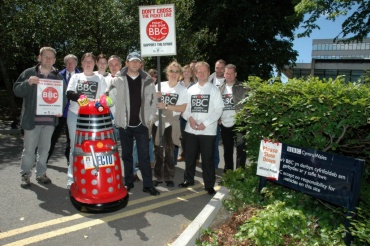 NUJ and BECTU members on the BBC Caerdydd picket; we presume the Dalek is a BECTU member: © Brian Morgan