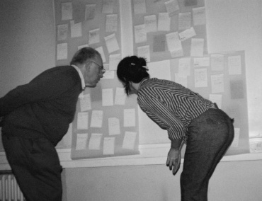 Humphrey Evans and Miranda Gavin inspect the Wall of Aspirations