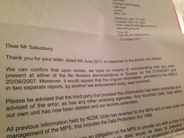 Letter from the Met admitting database entry is incorrect; Matt Salusbury