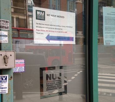NUJ HQ with We Have Moved sign; Matt Salusbury