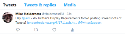Twitter screenshot: @jack, do your Display Requirements forbid screenshots?