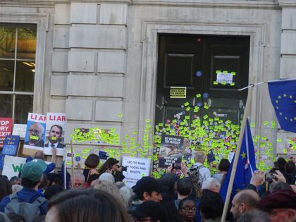 Banners from an anti-Brexit march left outside the Department for Exiting the EU offices; Photo: Matt Salusbury