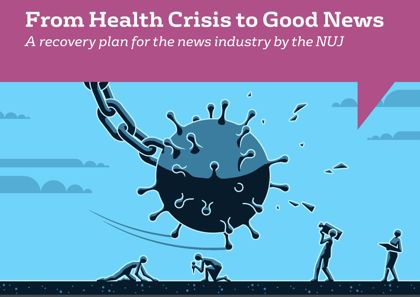 Front cover of NUJ News Recovery Plan, showing a wrecking ball made from a coronavirus; Illustration: Matt Kenyon, NUJ