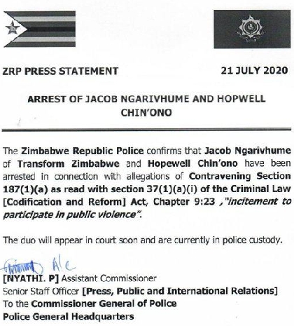 Zimbabwe police statement
