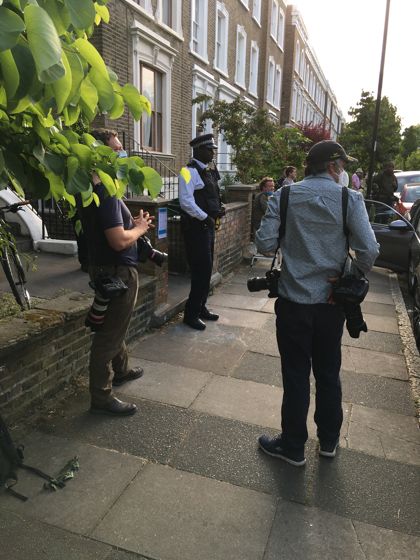 Police and journalists at Dominic Cummings's house