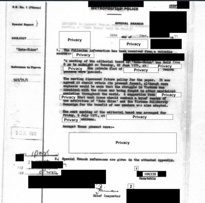 Undercover police officer's report on a meeting of Indochina magazine