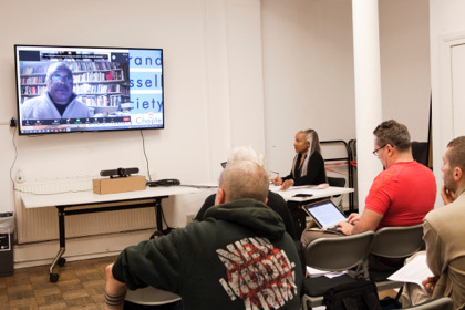 Marc Wadsworth talks to London Freelance Branch; Photo: Hazel Dunlop