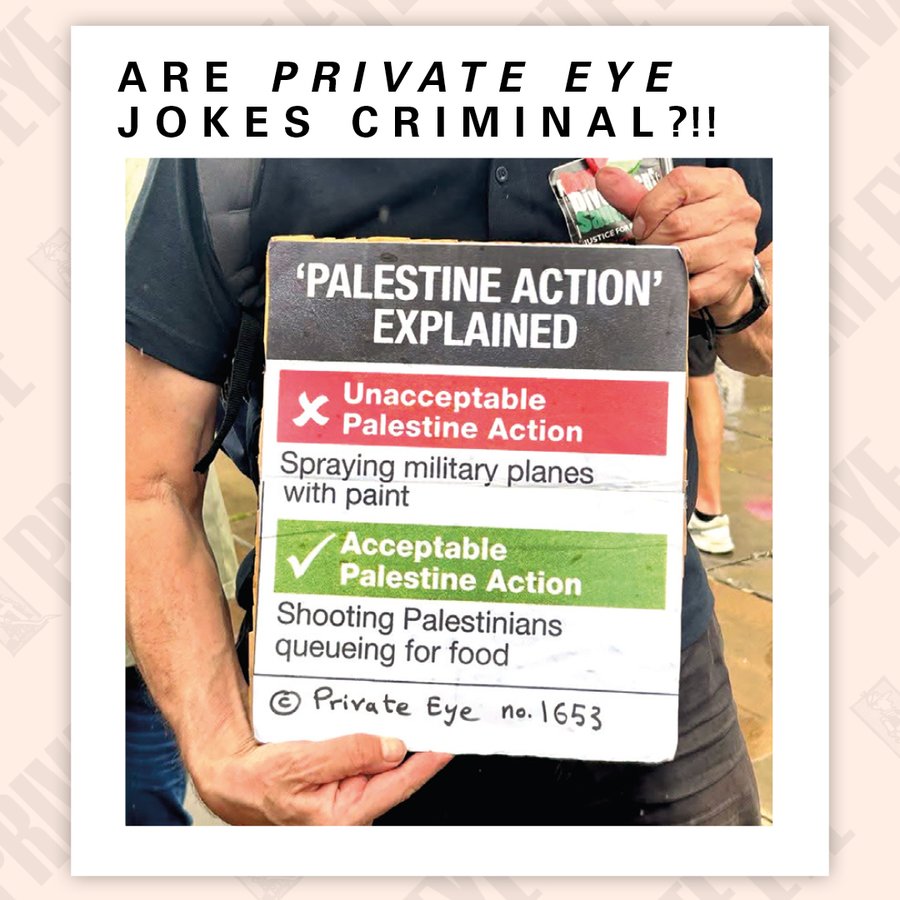 Person holding a placard reproducing a Private Eye infobox