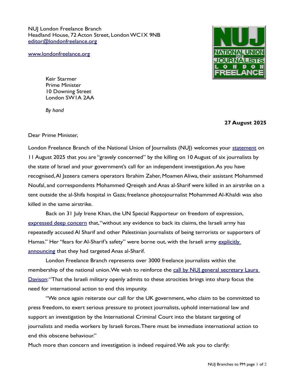 Branch letter to Prime Minister
