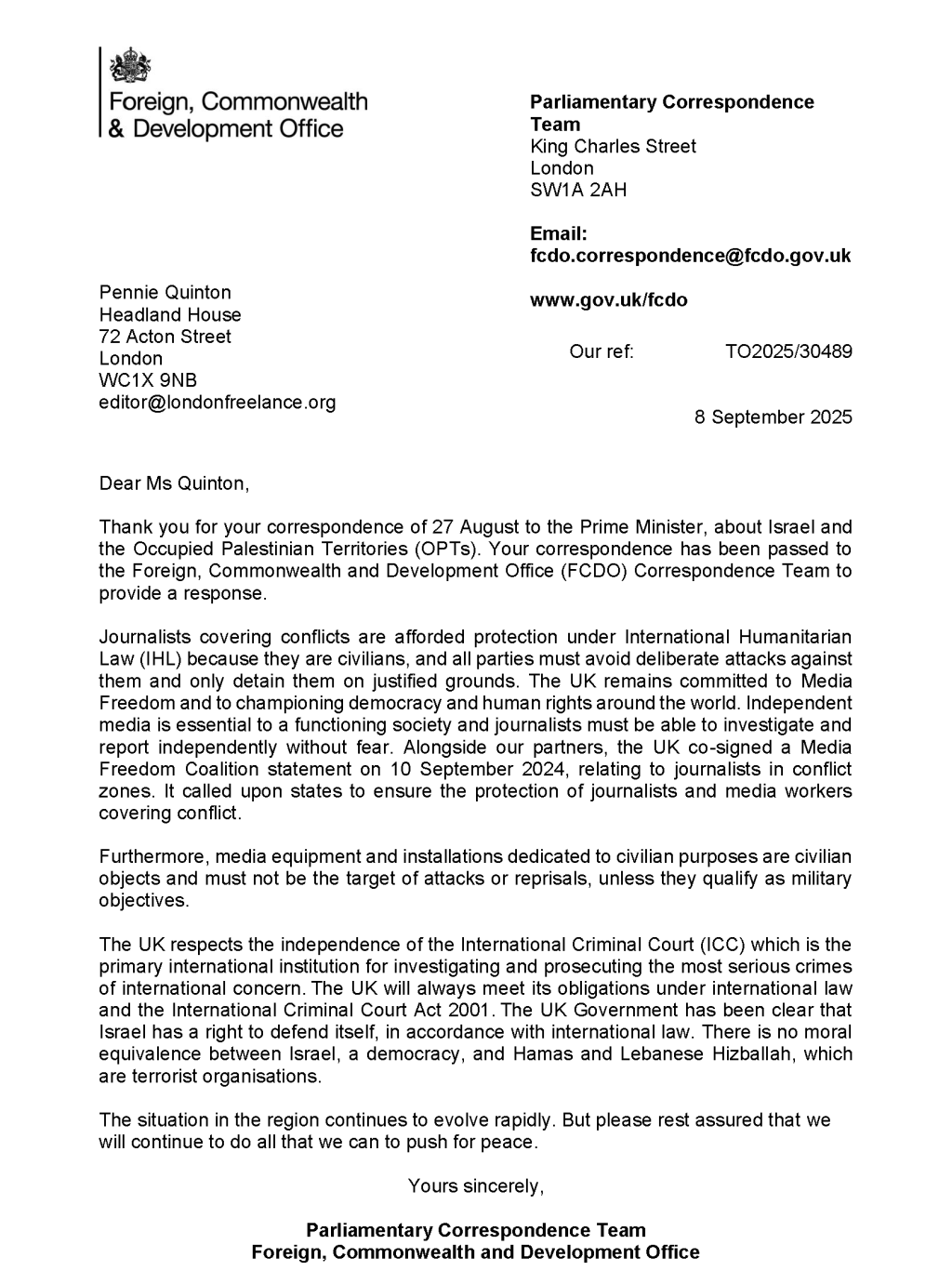 Foreign Office letter to the Branch