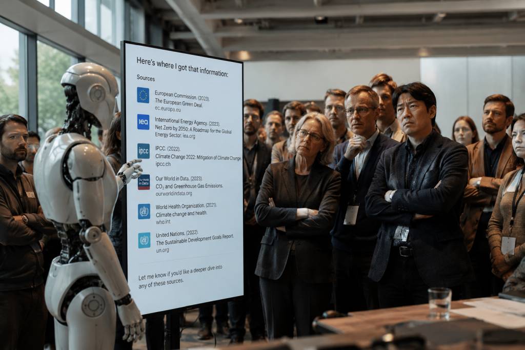 Robot showing a free-floating slide saying 'here's where I got that information from' and referencing climate change research, to a sceptical audience