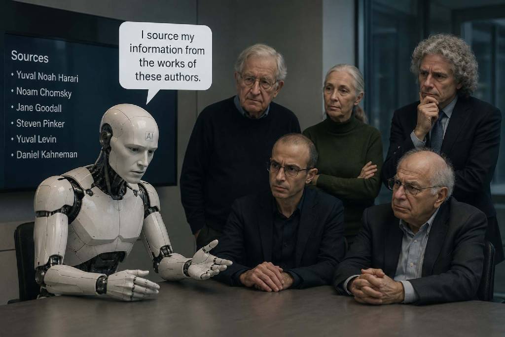 Robot saying 'I source my information from the works of these authors' to the list in the caption