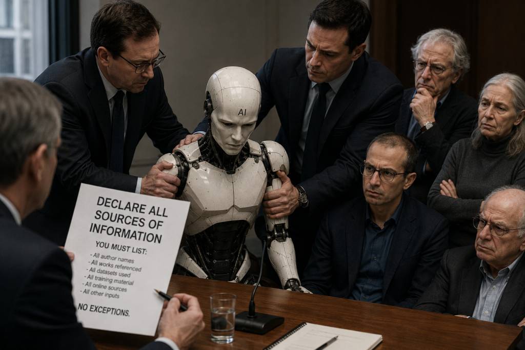 Robot being seized by the AI versions of the authors in the caption above