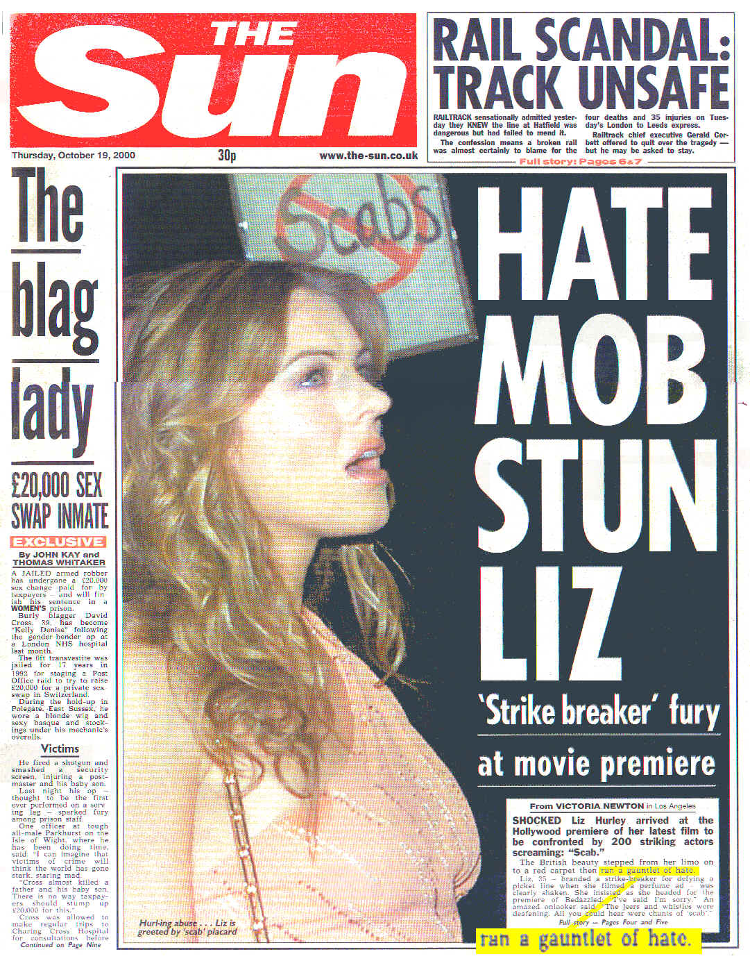 'Hate mob stun Liz' - Sun front page