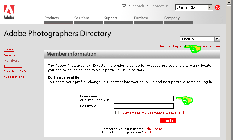 Adobe Photographers Directory member login page