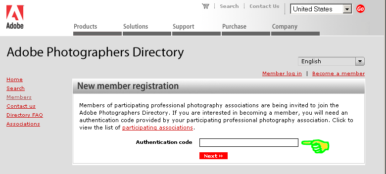 Adobe Photographers Directory new member authentication page