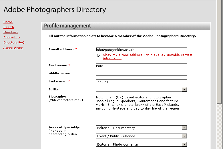 Adobe Photographers Directory member details page