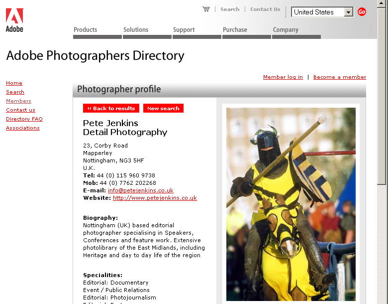 Adobe Photographers Directory member page