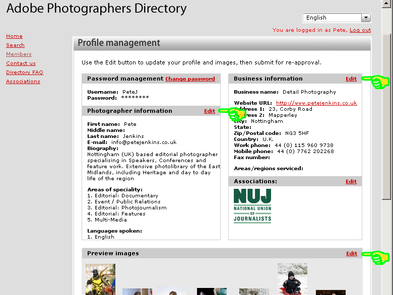 Adobe Photographers Directory member login page